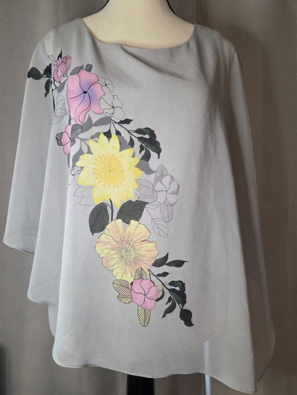 Flowy Cape Floral Chiffon Blouse with Yellow & Pink Flower Print